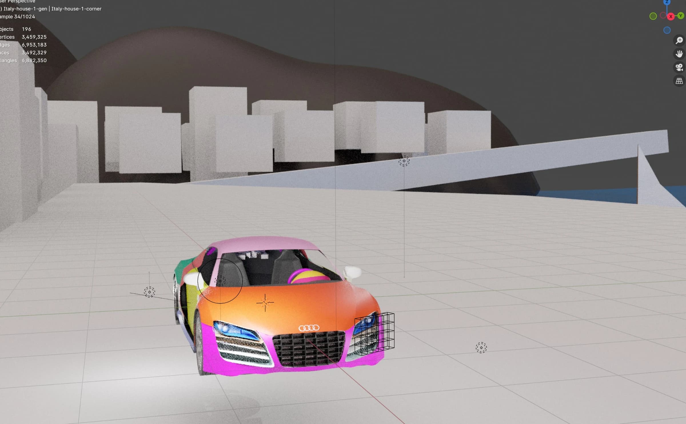 A front view of the multicoloured Audi model in a Blender scene with unfinished buildings and terrain.