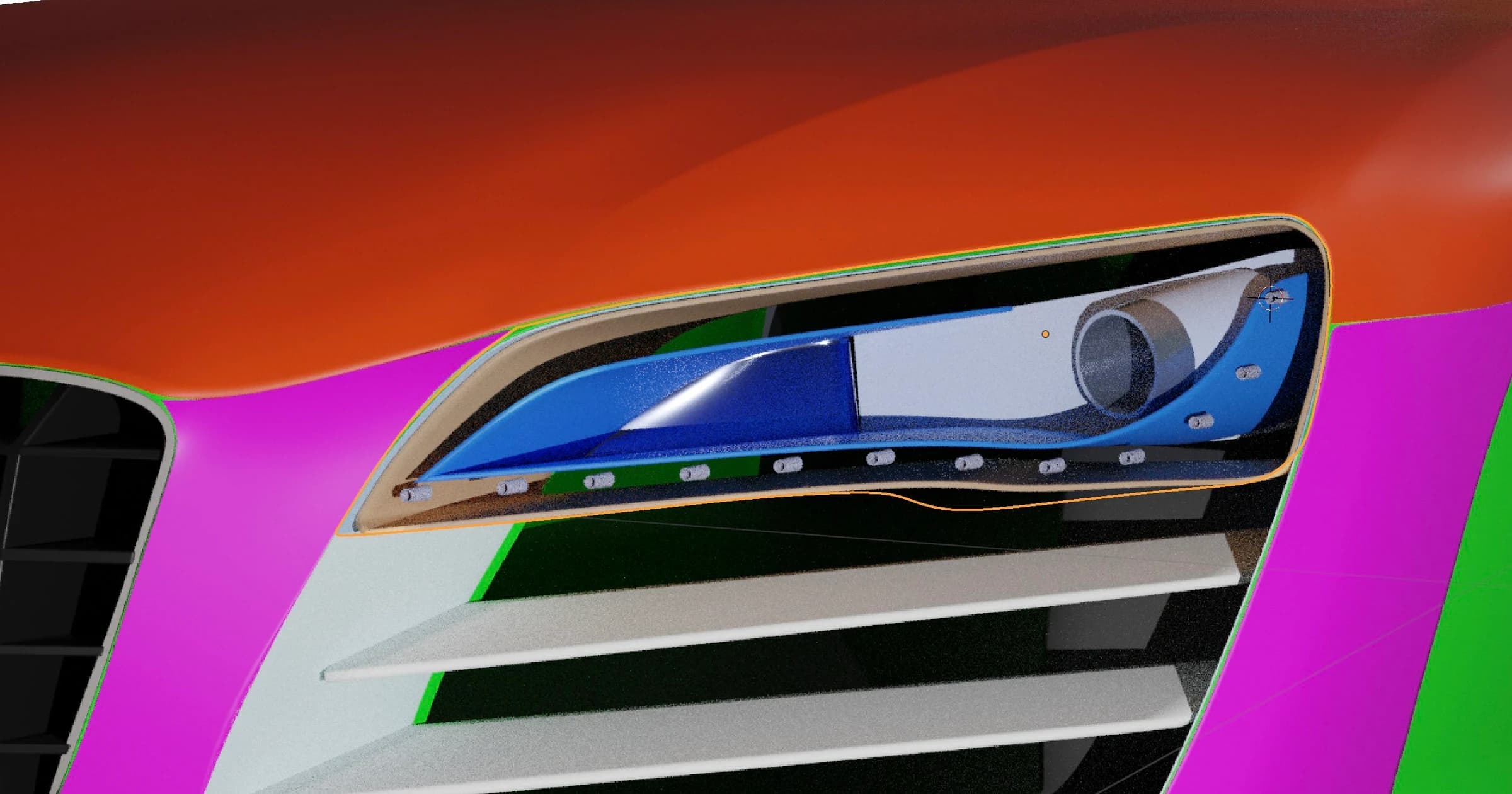 A close-up of the modelled Audi headlight and grille, surrounded by orange, pink, green and white body panels.