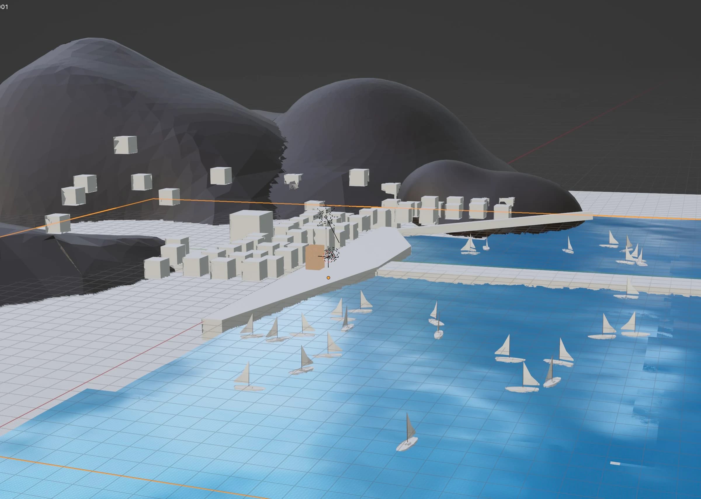 An overhead Blender viewport of a coastal scene with blue water, sailboats, block buildings and hills.