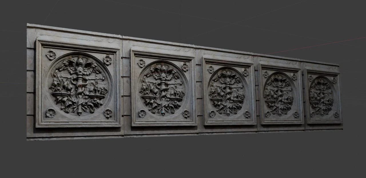 Five copies of the textured relief arranged in a horizontal row, receding into the distance.