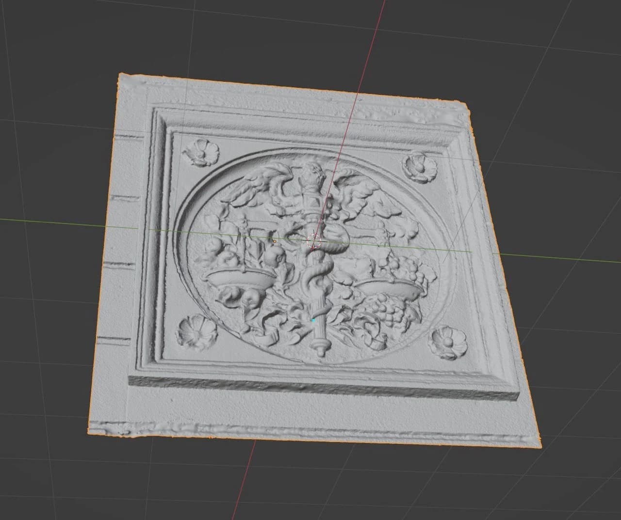 The relief shown as pale, untextured geometry at an angle in the Blender viewport.