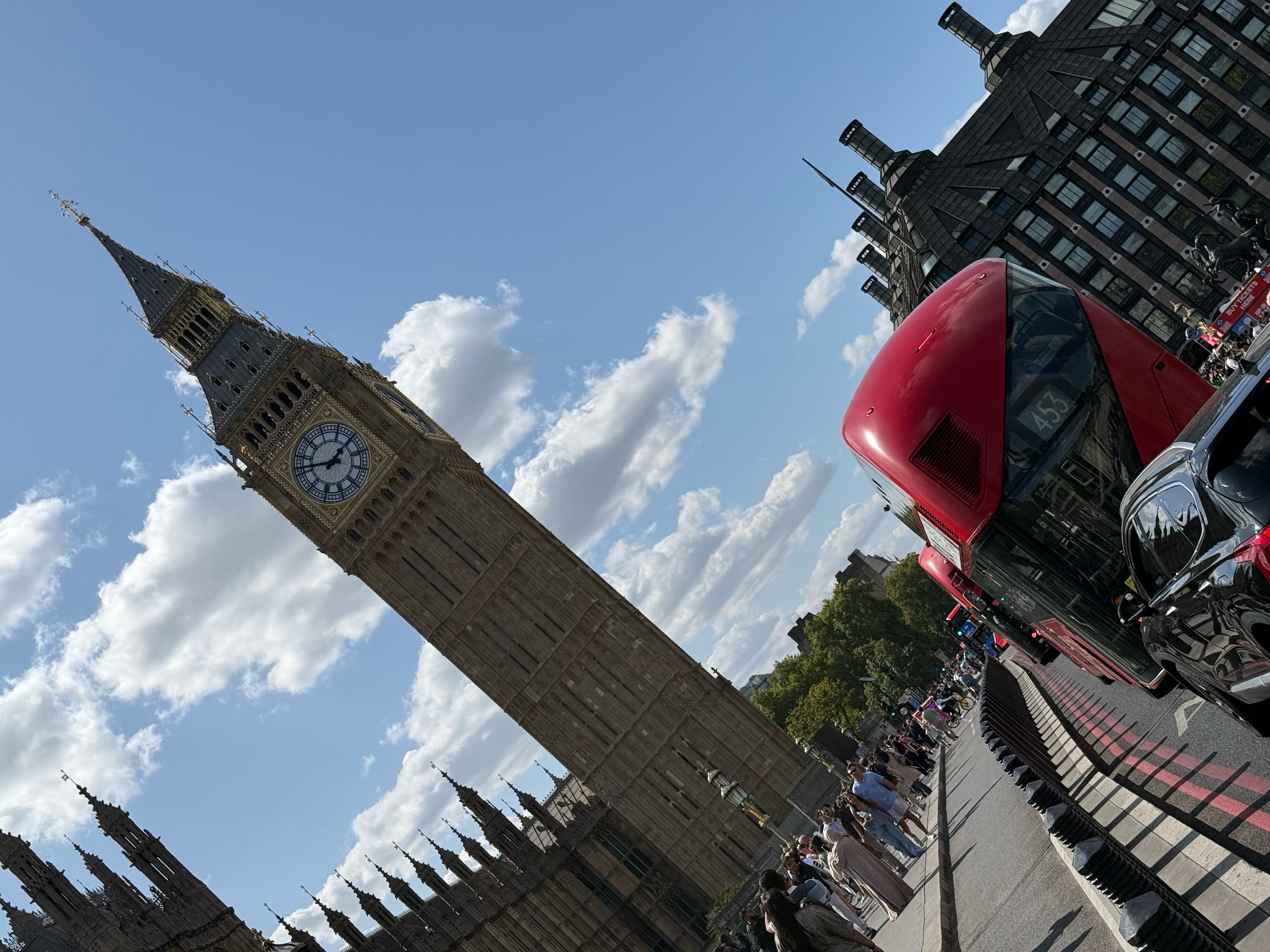 The Elizabeth Tower seen from below against moving cloud.