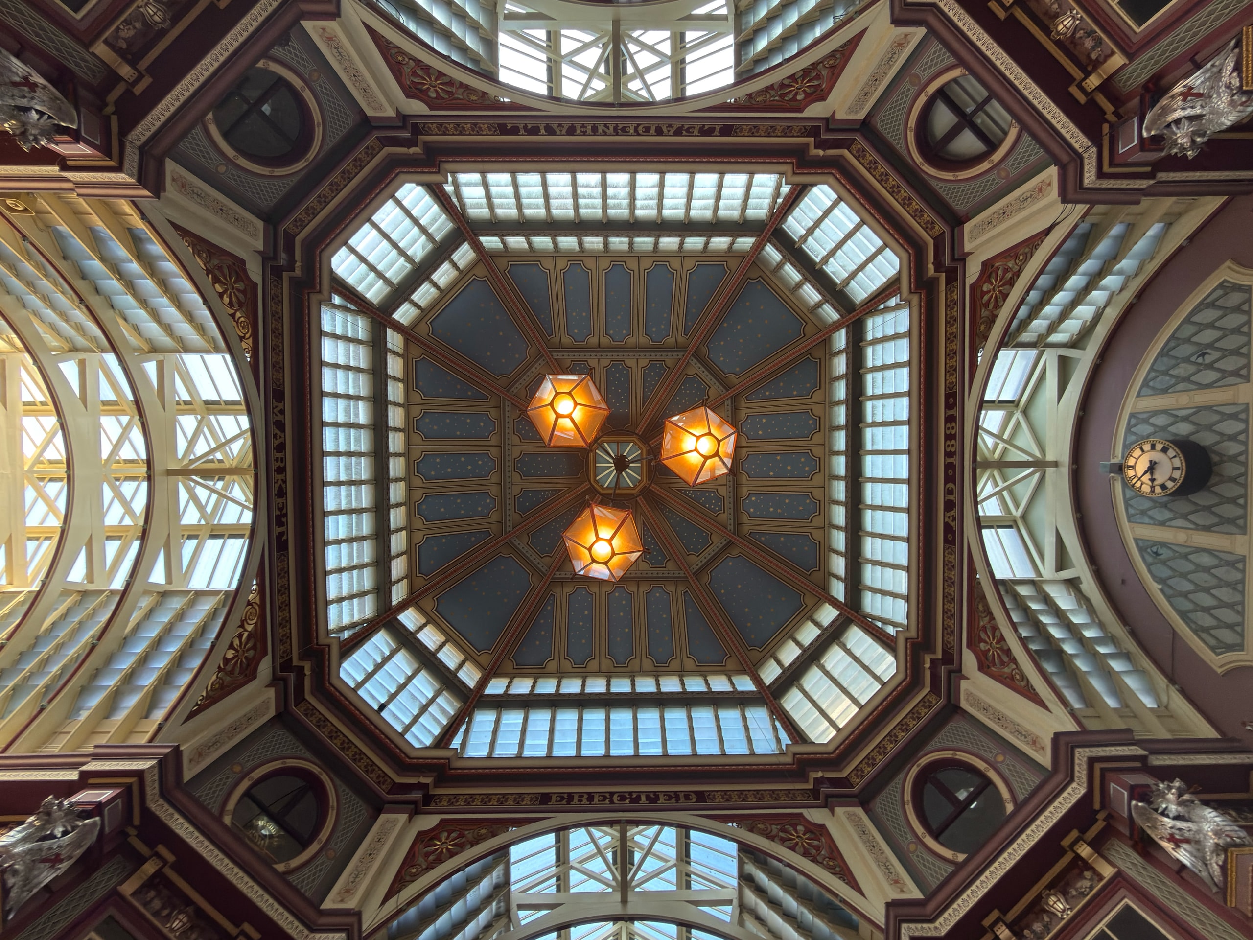 Looking up into the ornate glazed roof of Leadenhall Market.