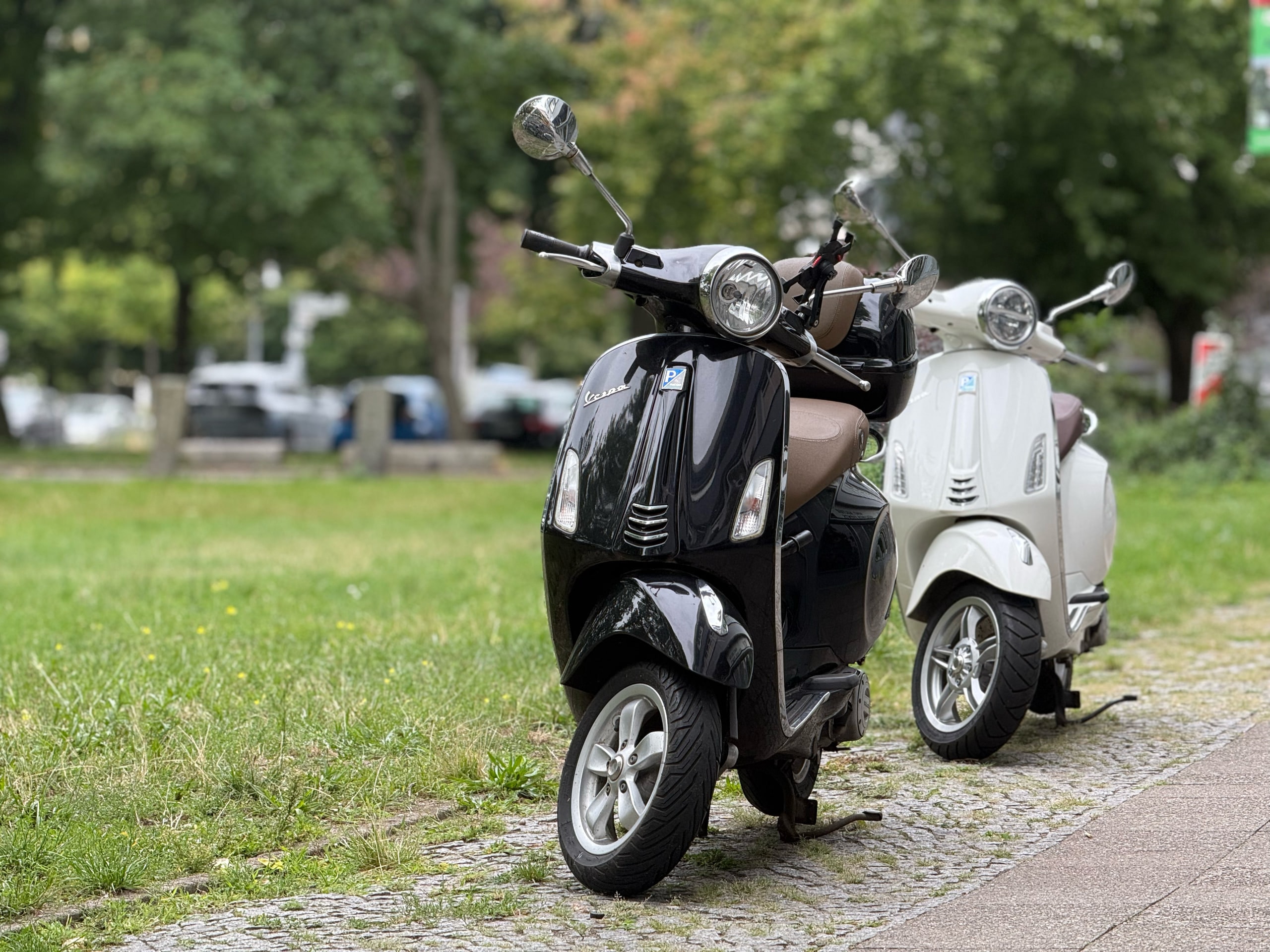 Two scooters parked on grass in the morning.