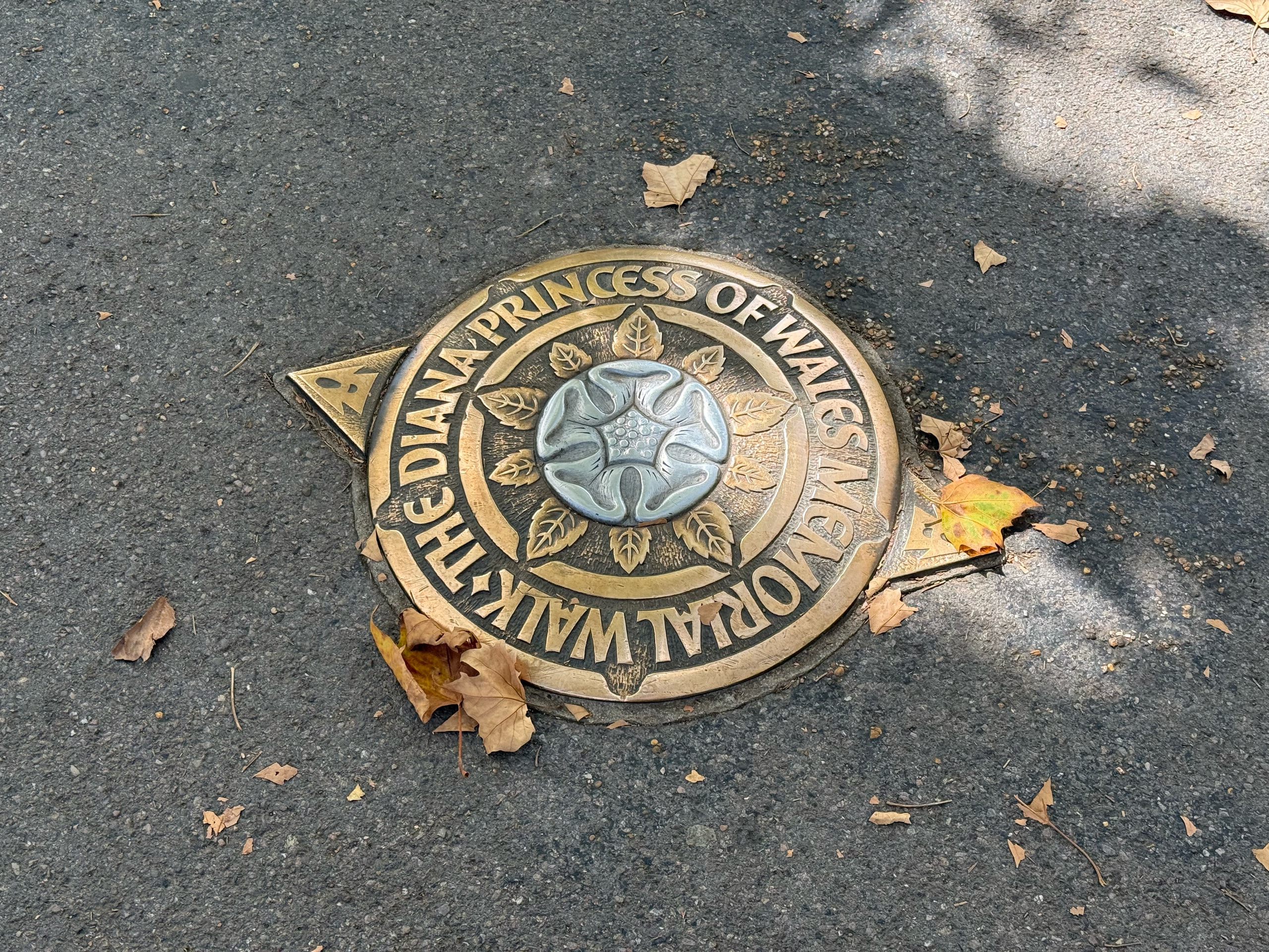 The Diana Memorial Walk plaque set into the pavement among leaves.