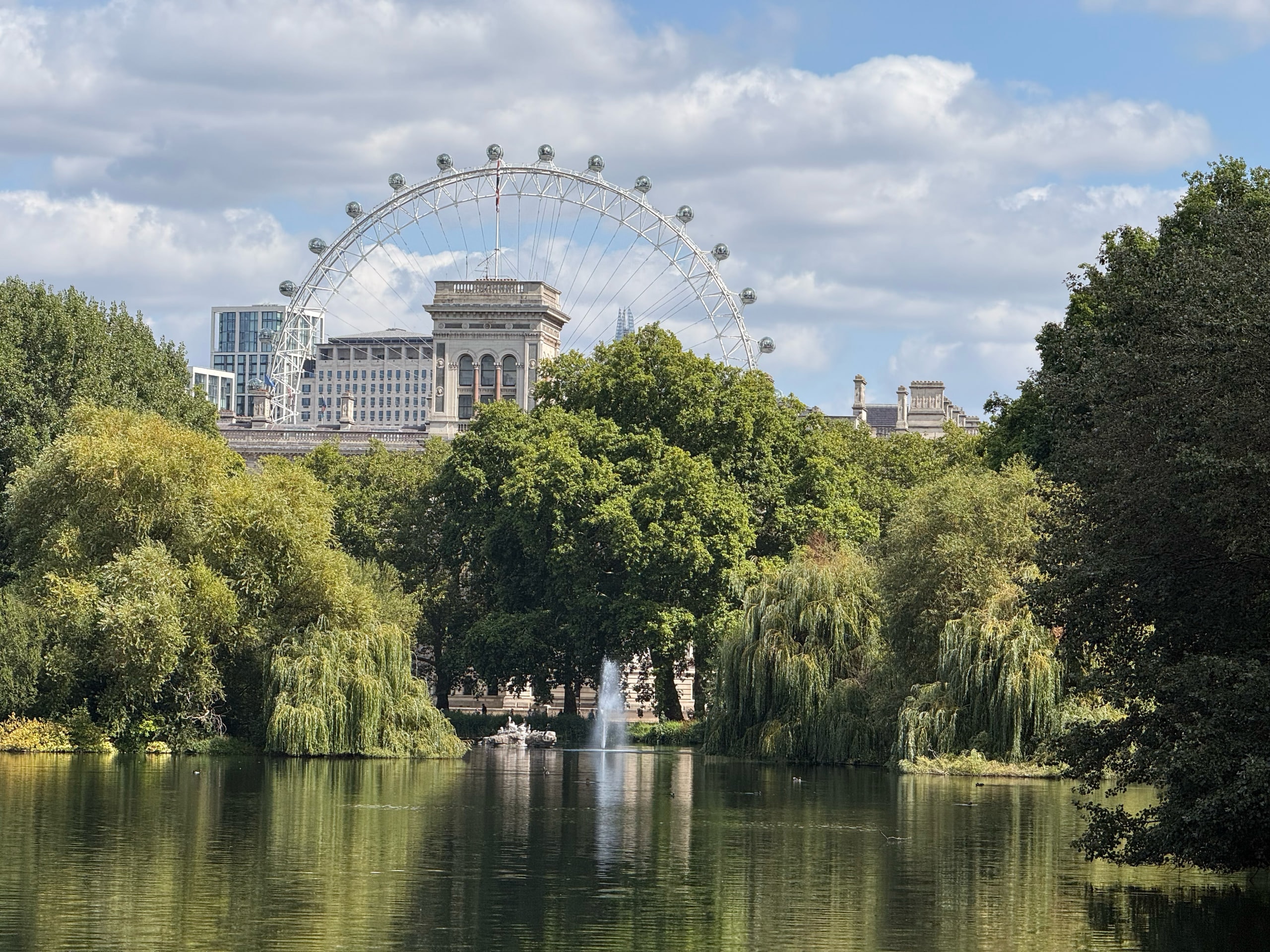 The London Eye seen through willows across the lake.