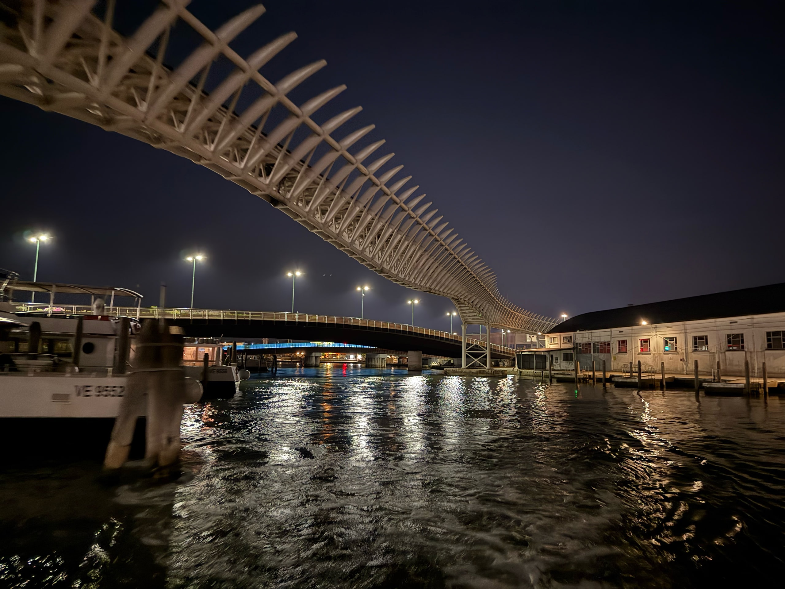 The Calatrava bridge lit above the canal at night, its reflection breaking on the water.