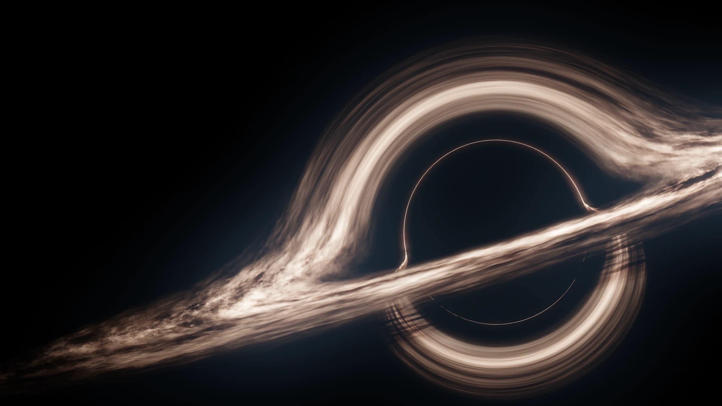 A luminous accretion disc sweeps diagonally around a black hole, with a bright arc above its dark centre.