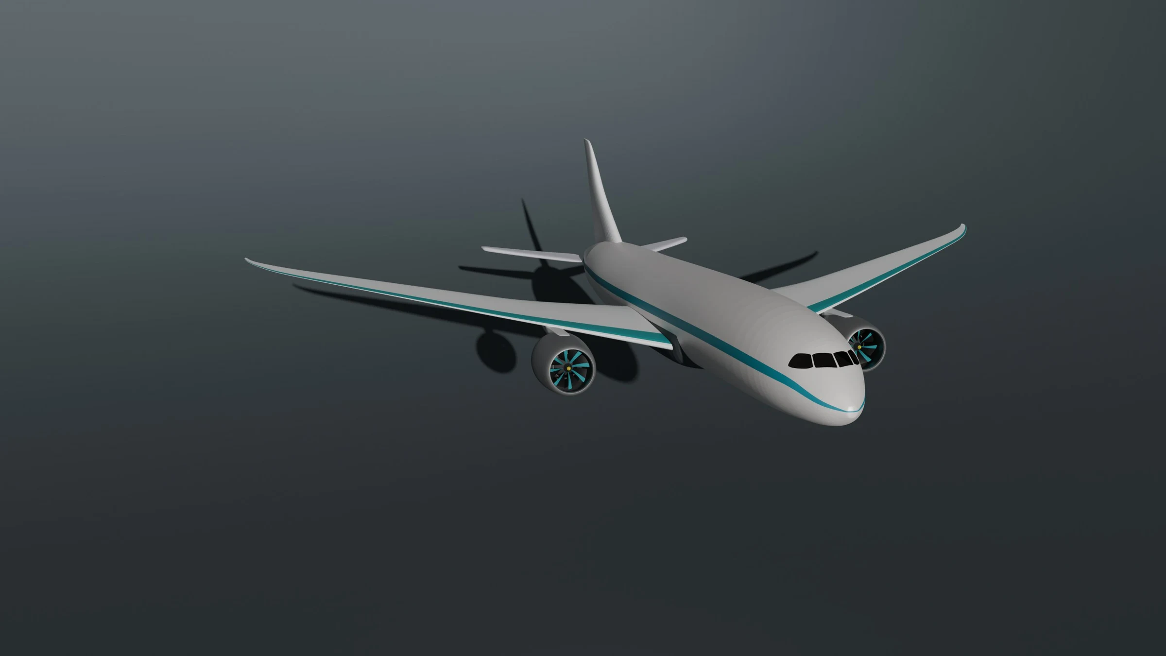 A white twin-engine passenger aircraft with a teal stripe and swept wings, seen from above against a dark grey background.