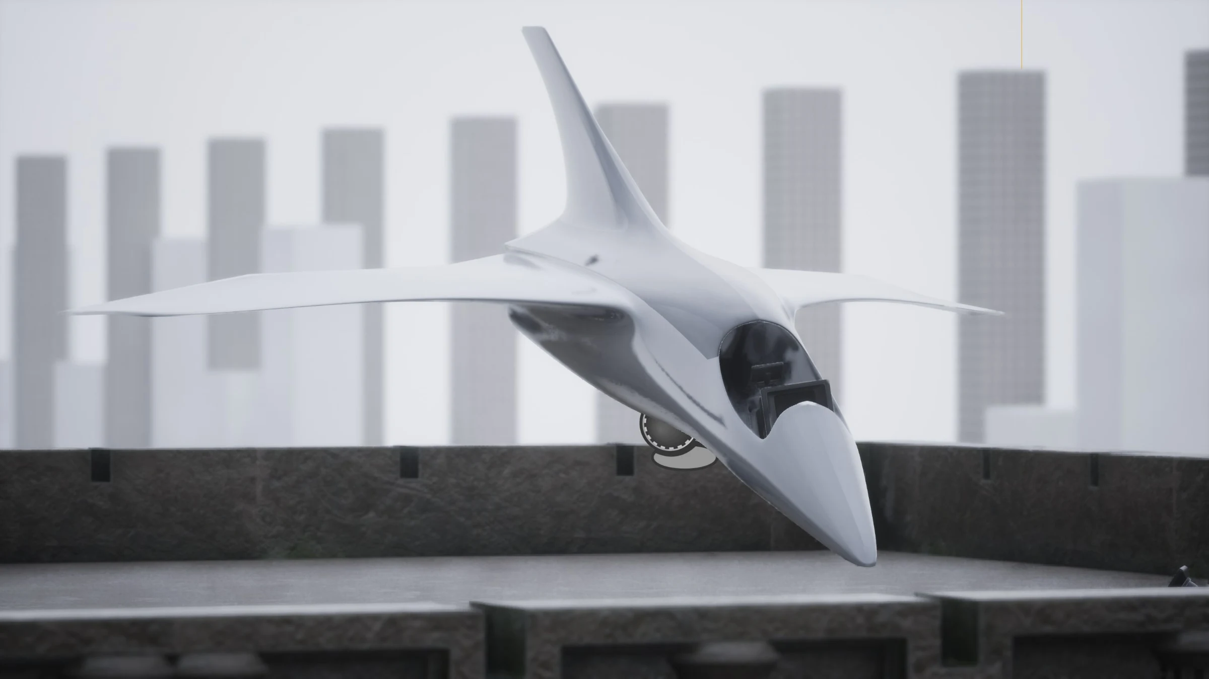 A pale, streamlined spacecraft above a rooftop, with a dark canopy and a softly blurred city skyline behind it.