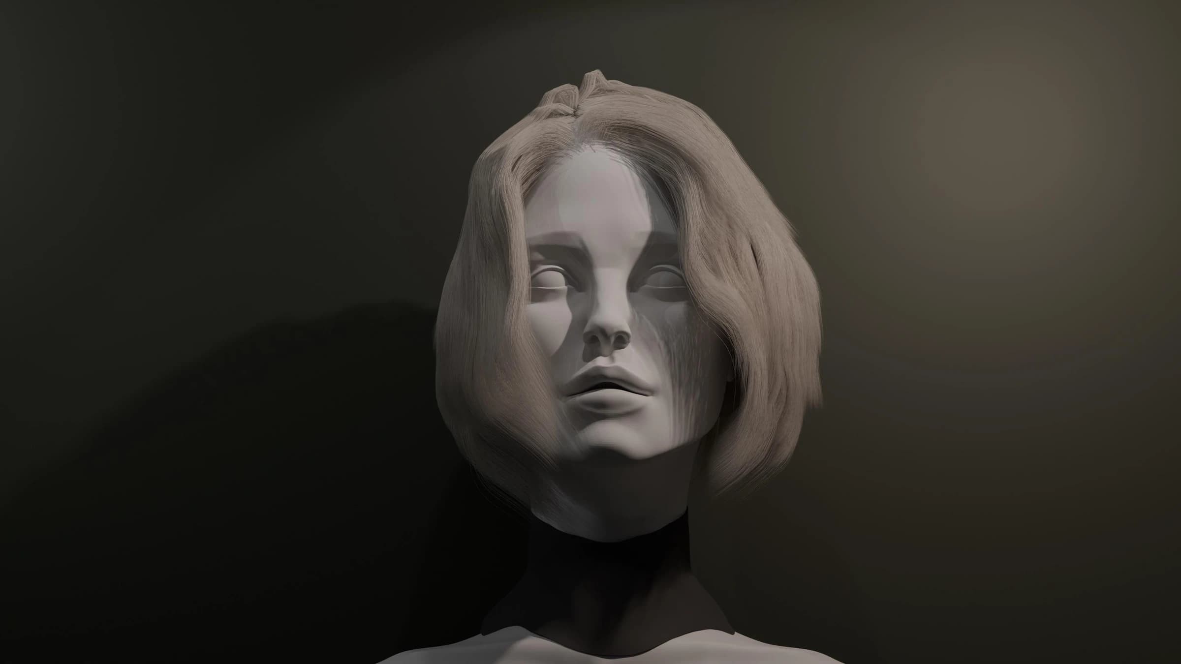 A softly lit digital bust of a woman with a short bob, looking slightly upward against a dark background.