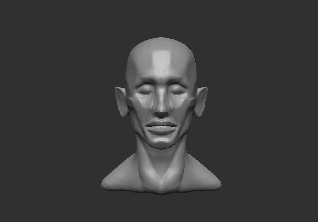 Front view of a male head sculpt with defined cheekbones, brow and jaw planes.