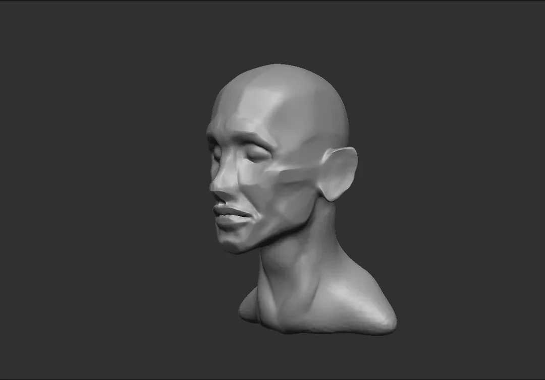 Three-quarter view of the male head study, with angular cheekbones and facial planes catching the light.