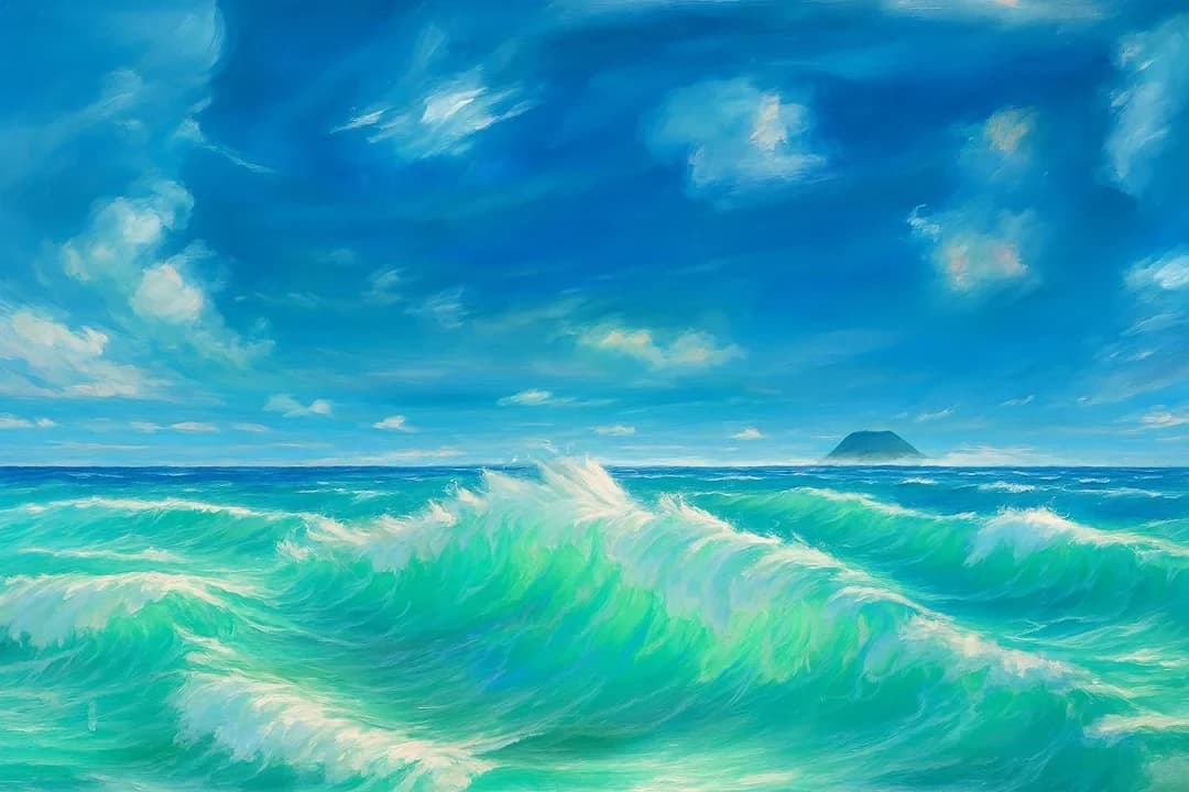 An AI-assisted variation of the original ocean painting, with more detailed foam and clouds.