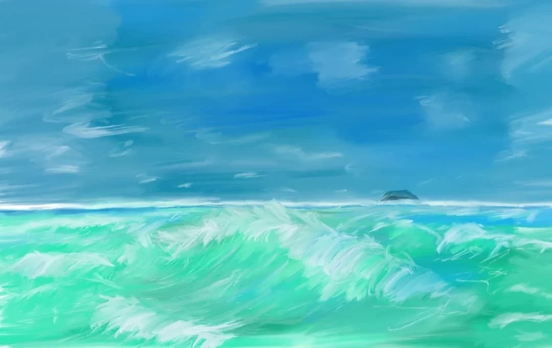 A turquoise wave breaking beneath a blue, brush-stroked sky, with a small island on the horizon.