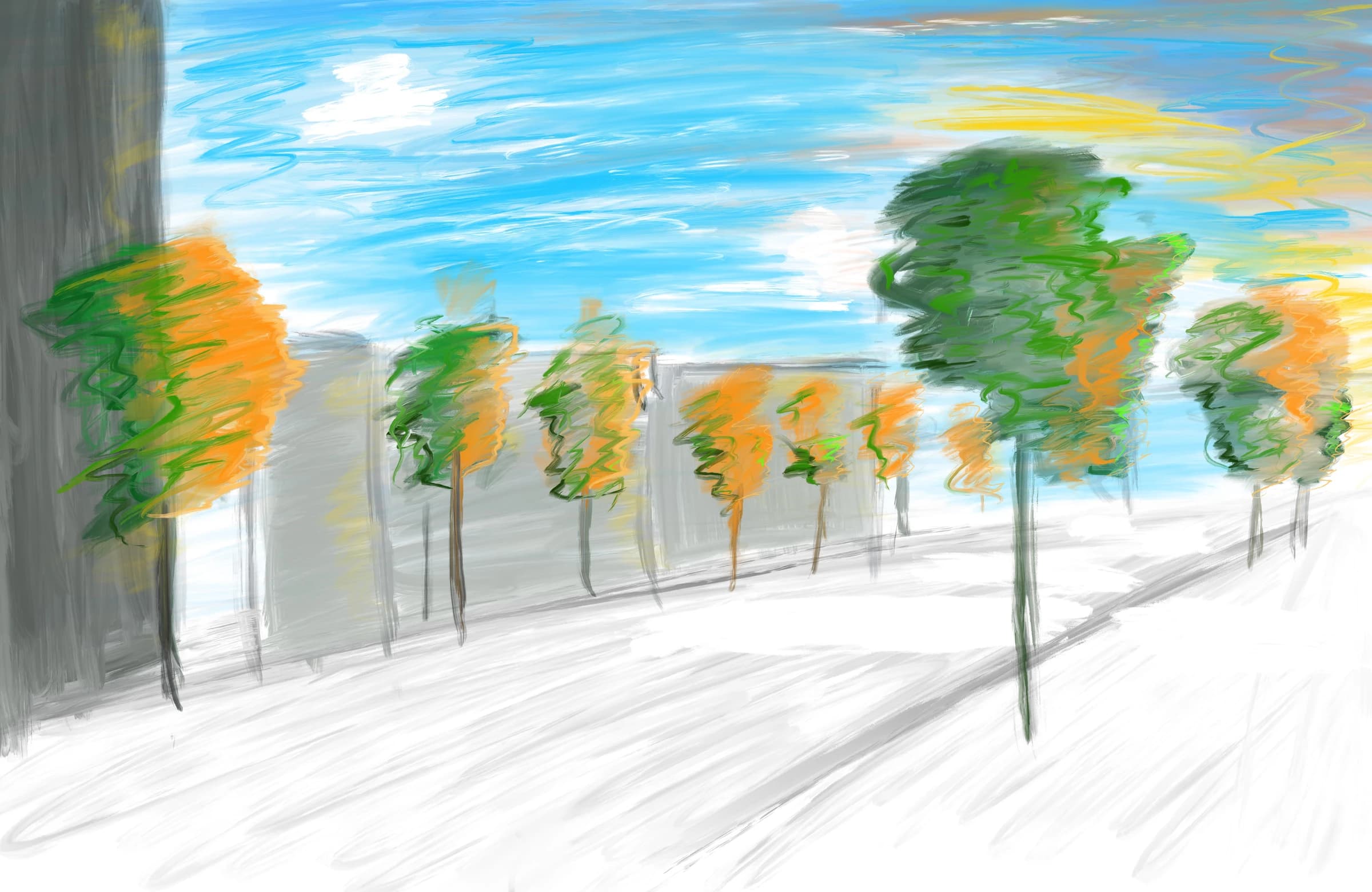 Green and orange trees line a sunlit Berlin street beneath a blue sky, drawn with loose, lively strokes.