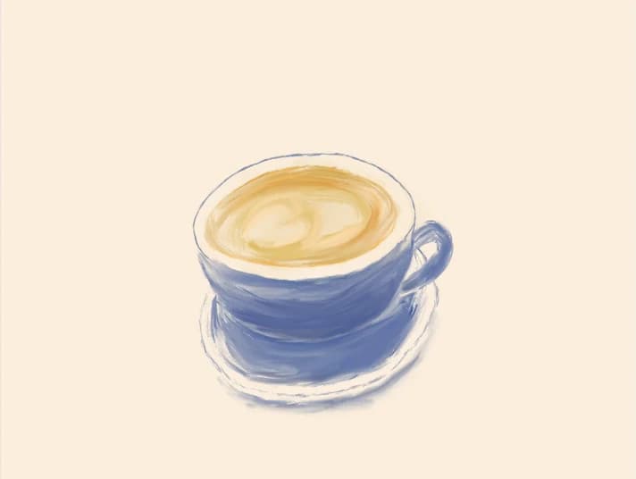 A loose painting of a blue coffee cup filled with golden crema on a warm cream background.
