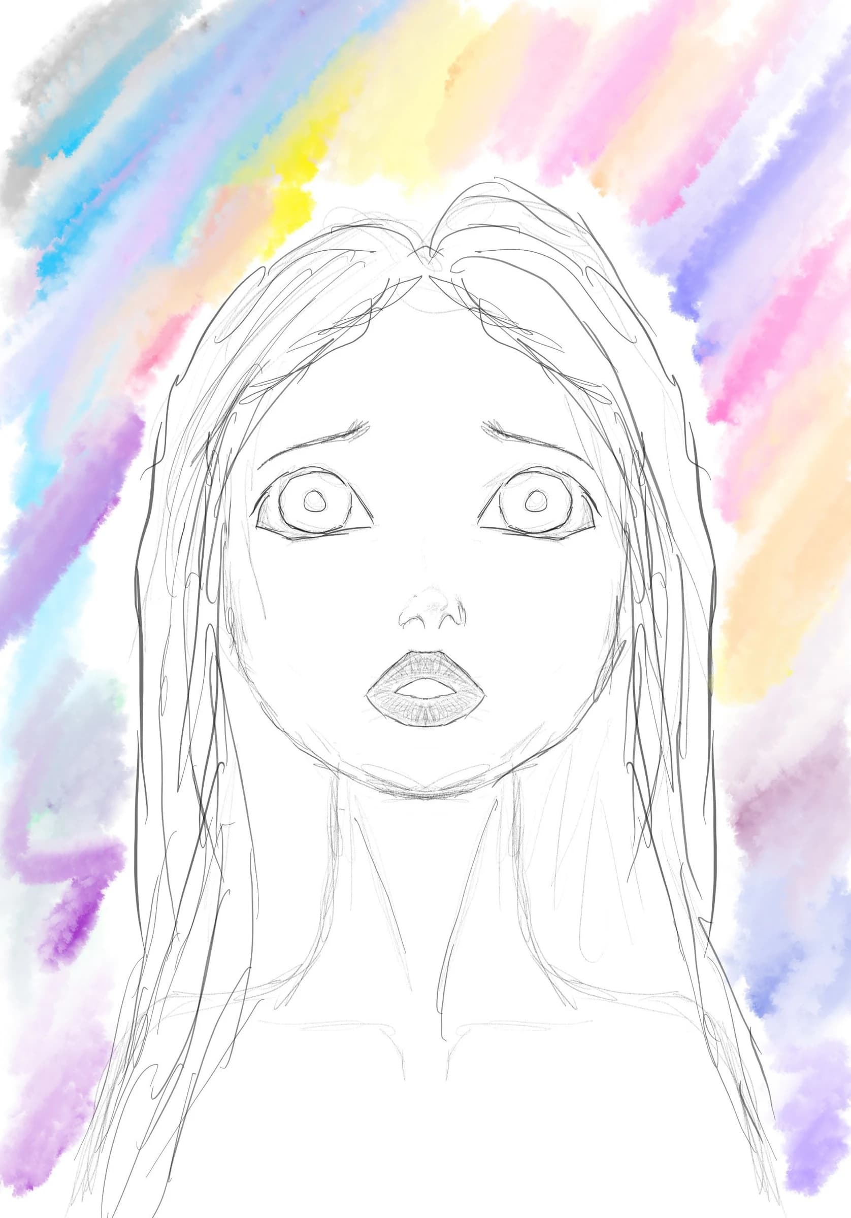 A line drawing of a girl with long hair and wide eyes, framed by diagonal strokes of pink, blue and yellow.