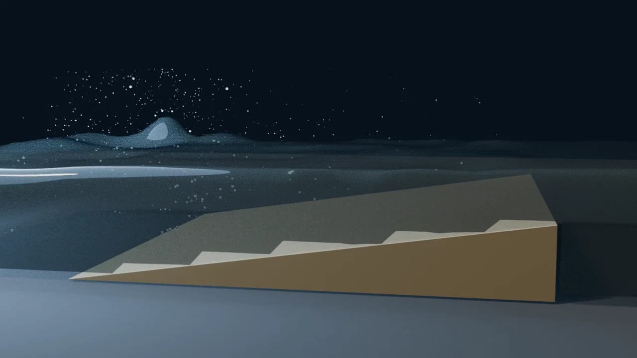 A simulated wave breaking over a sloping surface